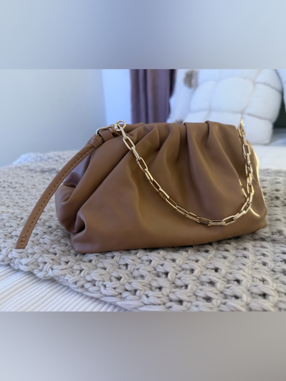 Express Tan Pouch Shoulder Bag with Gold Chain